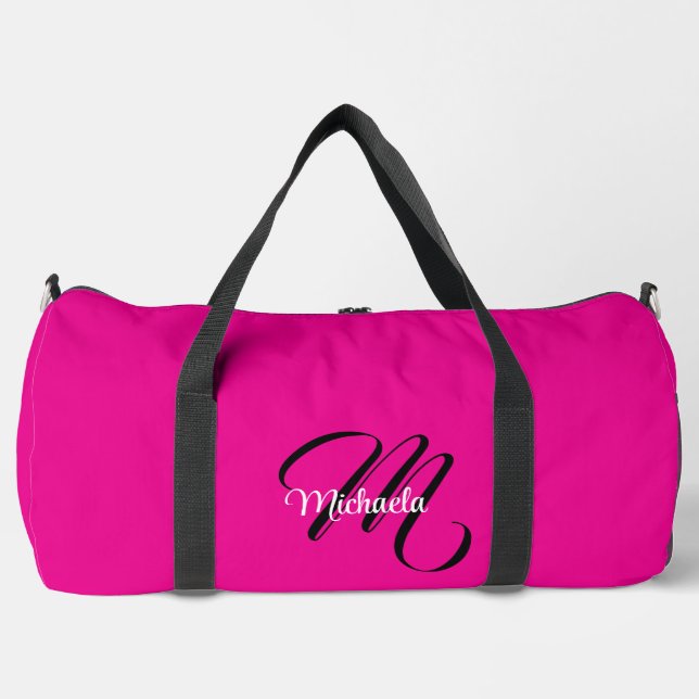 Minimalistic modern monogram initial name hot pink duffle bag (Front)