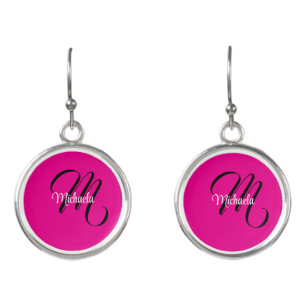 Minimalistic modern monogram initial name hot pink earrings