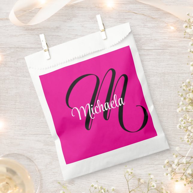 Minimalistic modern monogram initial name hot pink favor bag (Clipped)