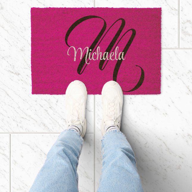 Minimalistic modern monogram initial name hot pink fiber doormat (Insitu)