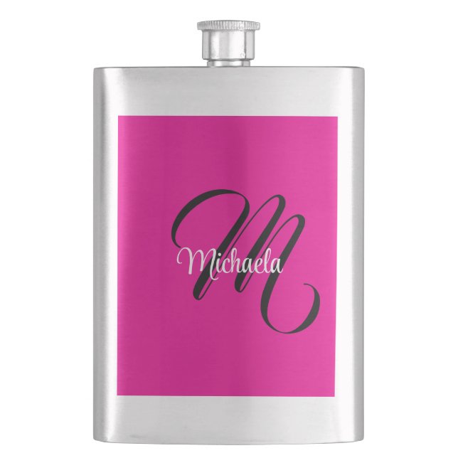 Minimalistic modern monogram initial name hot pink flask (Front)