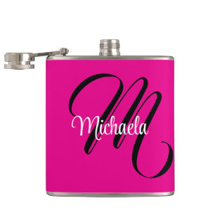Minimalistic modern monogram initial name hot pink flask