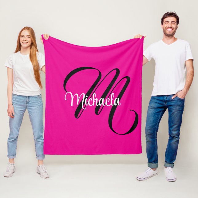 Minimalistic modern monogram initial name hot pink fleece blanket (In Situ)