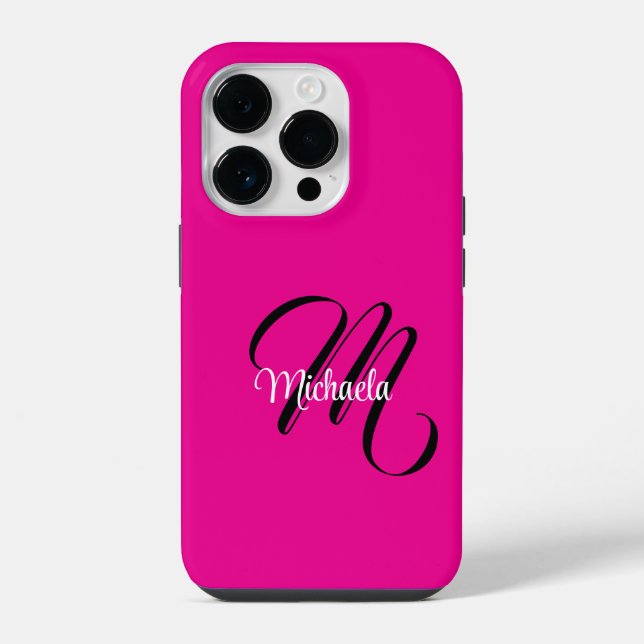 Minimalistic modern monogram initial name hot pink iphone case (Back)