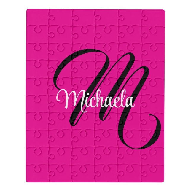Minimalistic modern monogram initial name hot pink jigsaw puzzle (Puzzle Vertical)