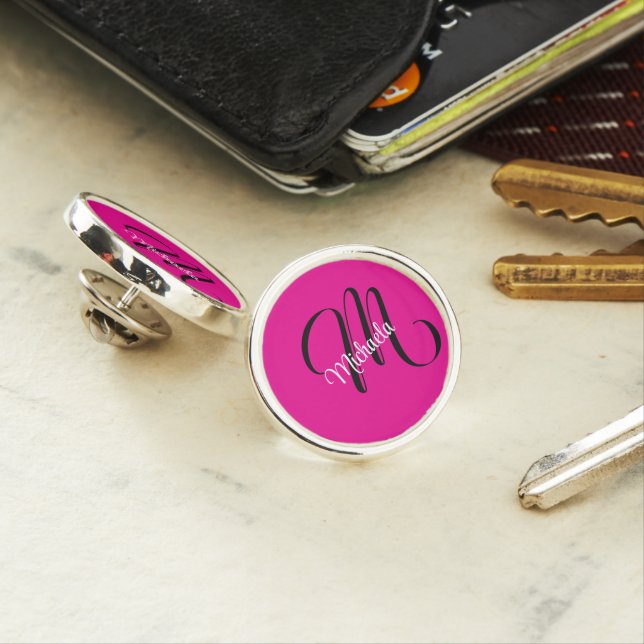 Minimalistic modern monogram initial name hot pink lapel pin (In Situ)