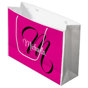 Minimalistic modern monogram initial name hot pink large gift bag