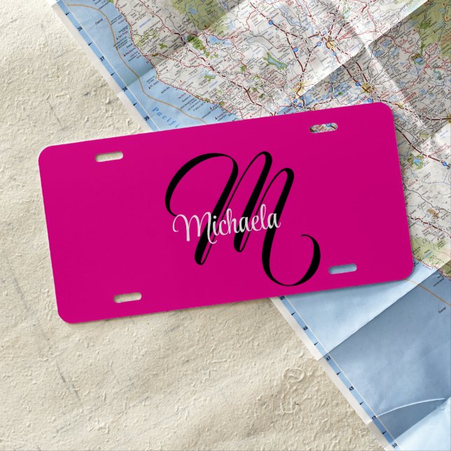 Minimalistic modern monogram initial name hot pink license plate (In Situ)