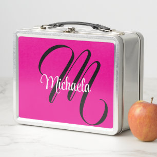 Minimalistic modern monogram initial name hot pink metal lunch box