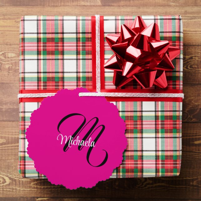 Minimalistic modern monogram initial name hot pink ornament card (Insitu (Gift))