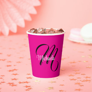 Minimalistic modern monogram initial name hot pink paper cups