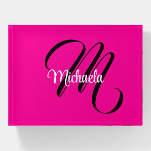 Minimalistic modern monogram initial name hot pink paperweight