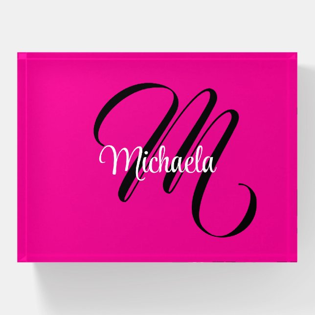 Minimalistic modern monogram initial name hot pink paperweight (Front)