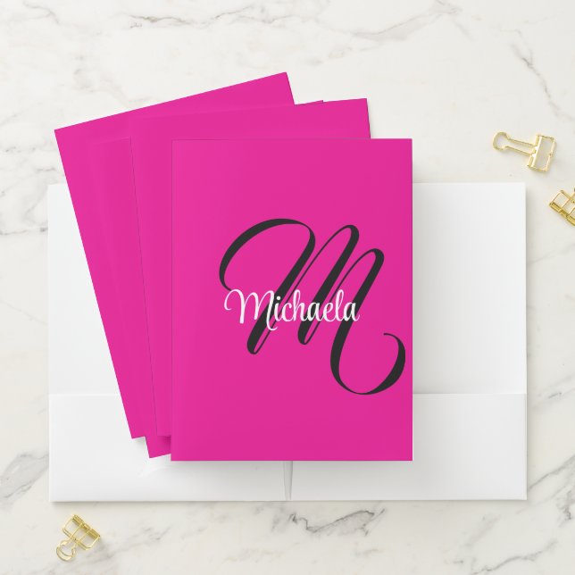 Minimalistic modern monogram initial name hot pink pocket folder (In Situ)