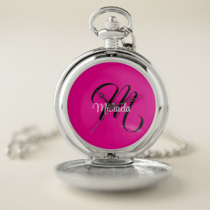 Minimalistic modern monogram initial name hot pink pocket watch