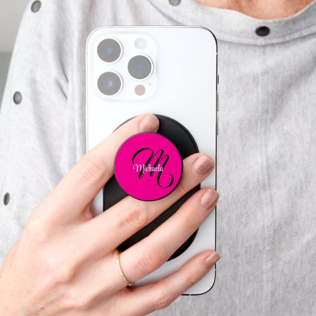 Minimalistic modern monogram initial name hot pink PopSocket (Hand)