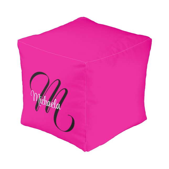 Minimalistic modern monogram initial name hot pink pouf (Angled Back)