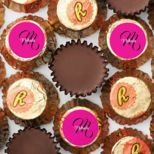 Minimalistic modern monogram initial name hot pink reese's peanut butter cups