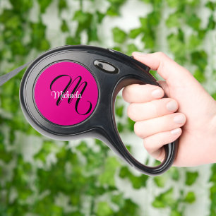 Minimalistic modern monogram initial name hot pink retractable pet leash 