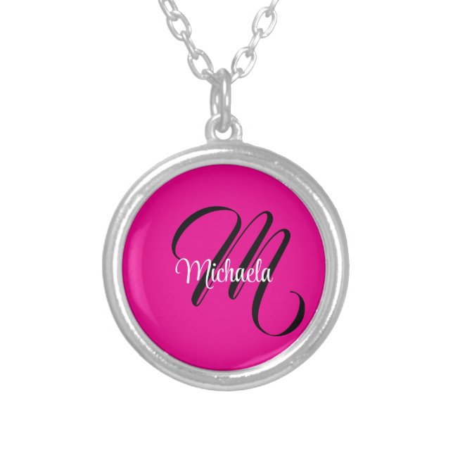 Minimalistic modern monogram initial name hot pink silver plated necklace (Front)