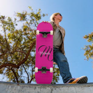 Minimalistic modern monogram initial name hot pink skateboard