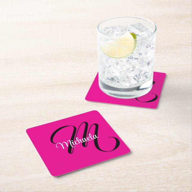 Minimalistic modern monogram initial name hot pink square paper coaster (Insitu)