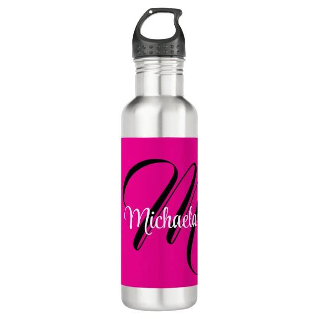 Minimalistic modern monogram initial name hot pink stainless steel water bottle (Front)