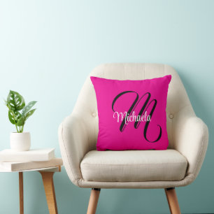 Minimalistic modern monogram initial name hot pink throw pillow