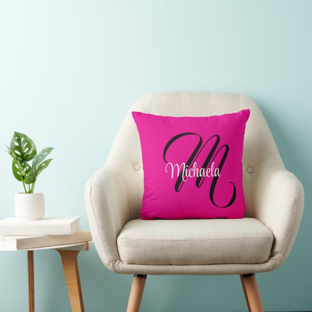Minimalistic modern monogram initial name hot pink throw pillow (Chair)