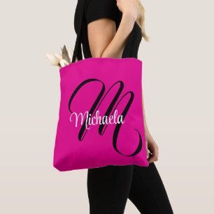 Minimalistic modern monogram initial name hot pink tote bag