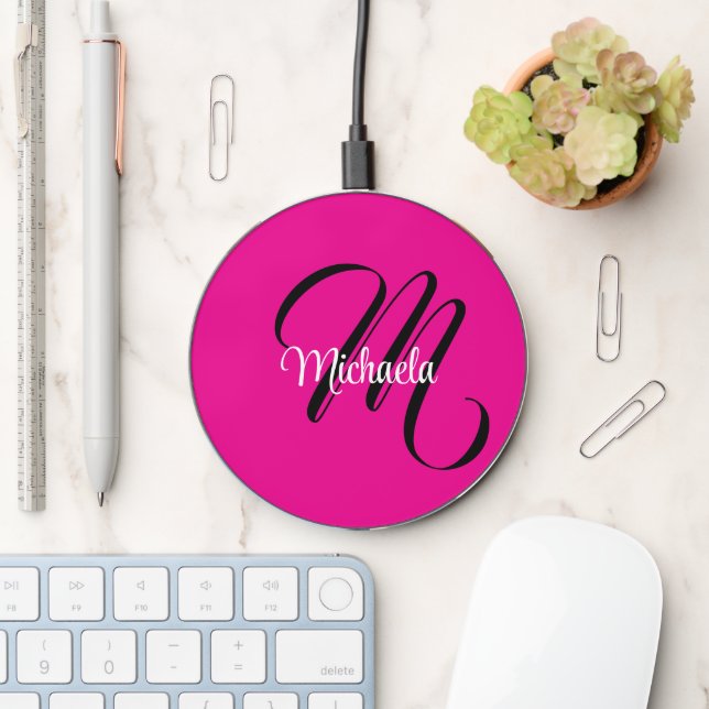 Minimalistic modern monogram initial name hot pink wireless charger  (Desk)