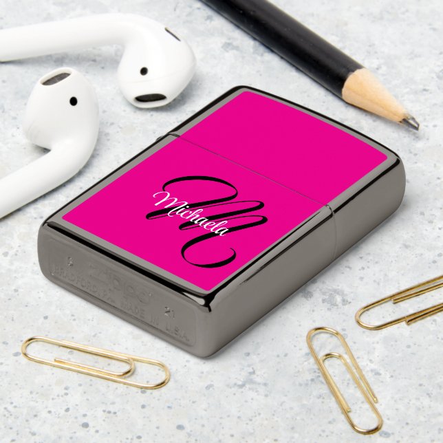 Minimalistic modern monogram initial name hot pink zippo lighter (On Table 2)