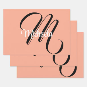 Minimalistic modern monogram initial name peach wrapping paper sheets