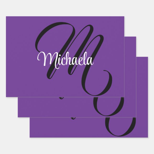 Minimalistic modern monogram initial name purple wrapping paper sheets (Set)