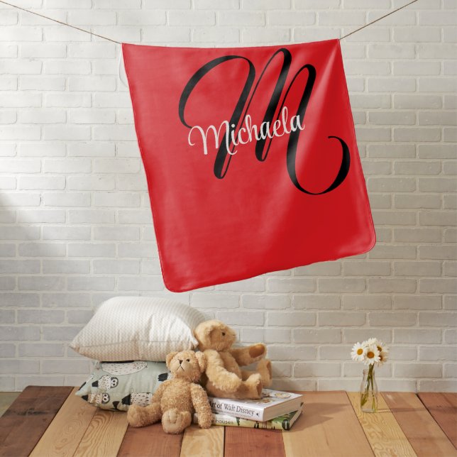 Minimalistic modern monogram initial name red baby blanket (In Situ)