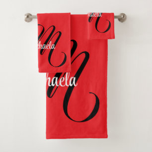 Minimalistic modern monogram initial name red bath towel set