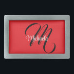 Minimalistic modern monogram initial name red belt buckle<br><div class="desc">Minimalistic modern monogram initial name black white. Personalizable custom name with a cursive initial behind on a red color.</div>