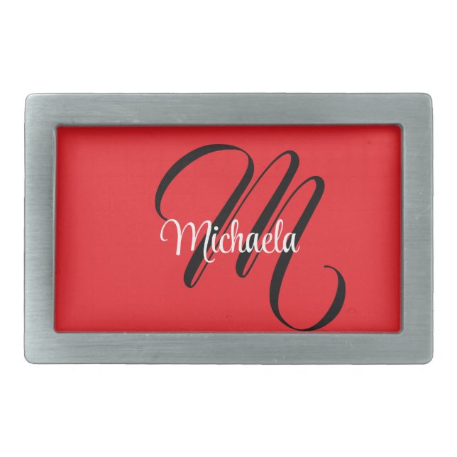 Minimalistic modern monogram initial name red belt buckle (Front)