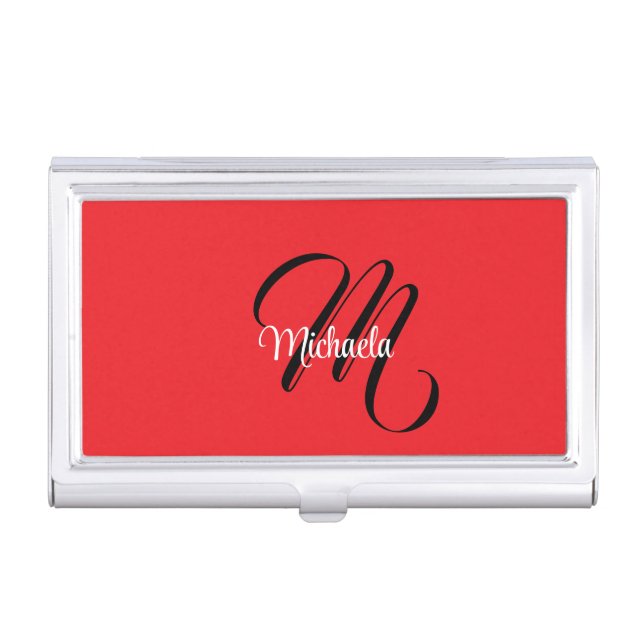 Minimalistic modern monogram initial name red business card case (Front)