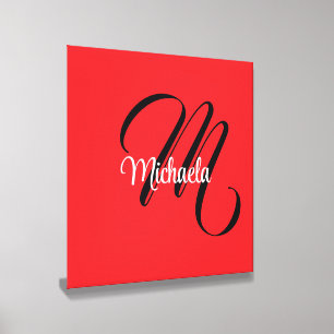 Minimalistic modern monogram initial name red canvas photo tile 