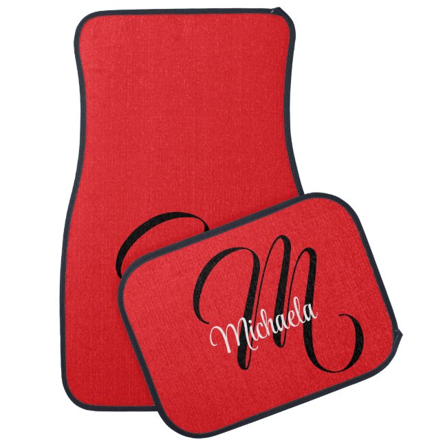 Minimalistic modern monogram initial name red car floor mat (Set)