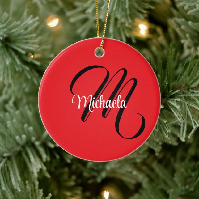 Minimalistic modern monogram initial name red ceramic ornament (Tree)