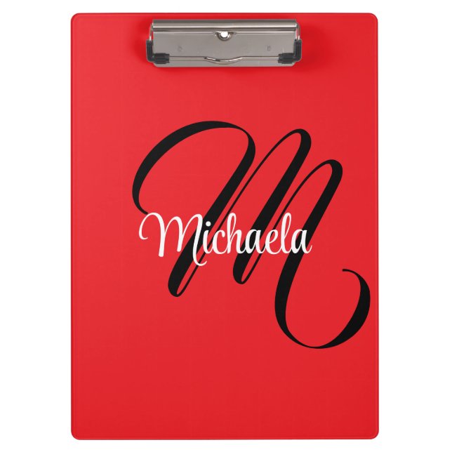 Minimalistic modern monogram initial name red clipboard (Front)