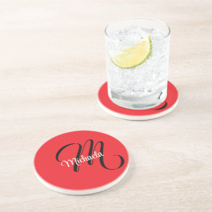 Minimalistic modern monogram initial name red coaster
