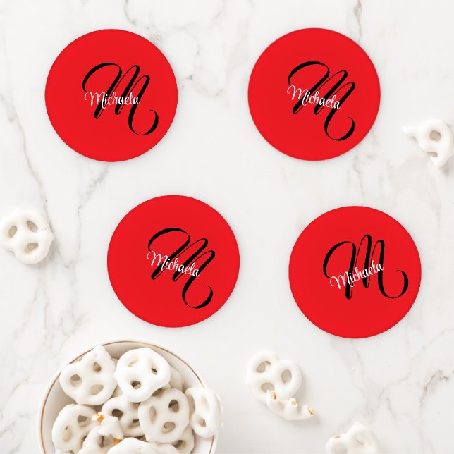 Minimalistic modern monogram initial name red coaster set (In Situ)