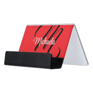 Minimalistic modern monogram initial name red desk business card holder