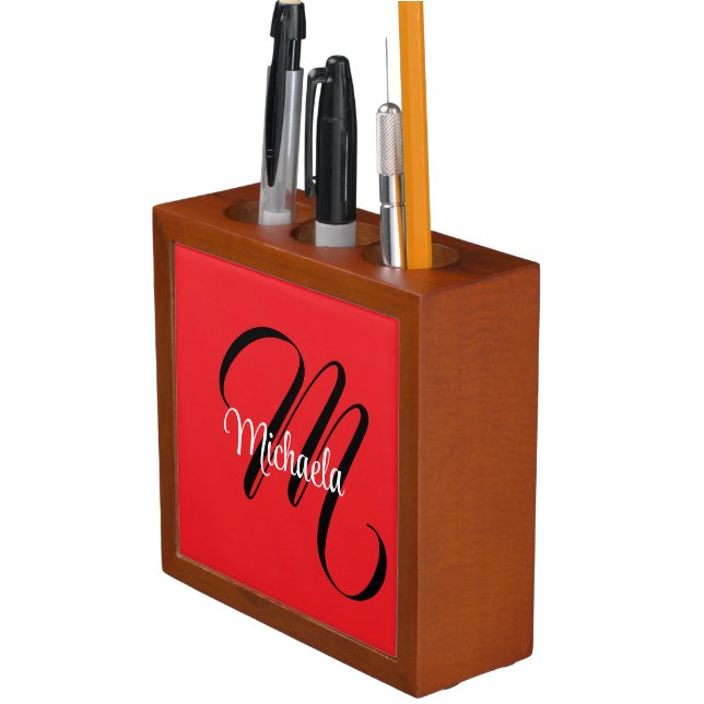 Minimalistic modern monogram initial name red desk organizer (In Situ)