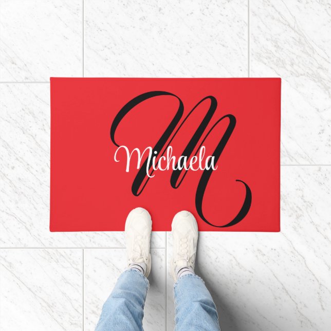 Minimalistic modern monogram initial name red doormat (Indoor)