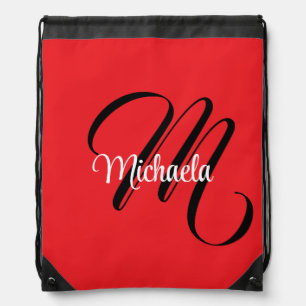 Minimalistic modern monogram initial name red drawstring bag