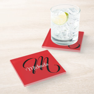 Minimalistic modern monogram initial name red glass coaster